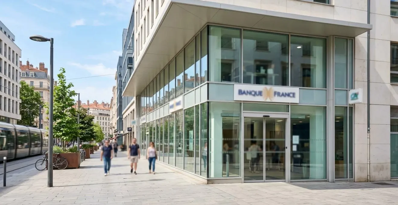 Façade vitrée d'une agence bancaire française contemporaine avec architecture moderne, environnement urbain propre et lumineux, sans présence humaine au premier plan