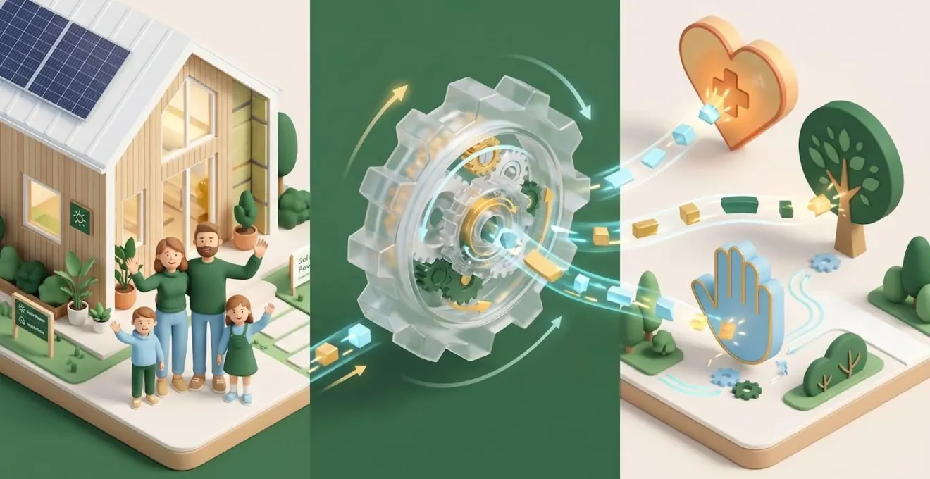 Illustration isométrique montrant le circuit de l'argent : une famille, un engrenage, des associations, sur fond vert