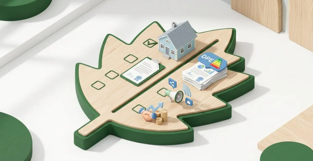 Illustration isométrique d'une check-list verte avec une maison, des documents et un arbre, représentant les conditions écologiques du prêt