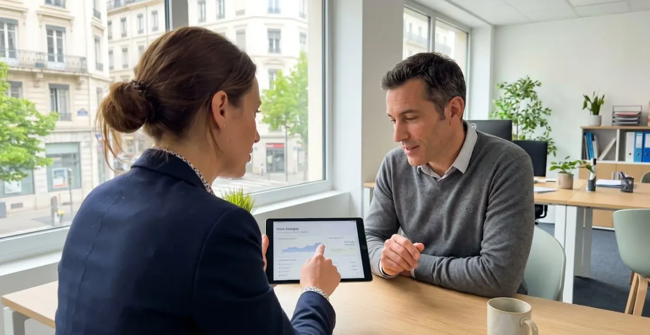 Un conseiller bancaire et un client consultent ensemble des documents sur une tablette dans un espace lumineux et contemporain