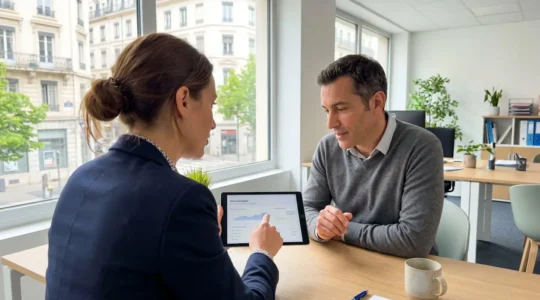 Un conseiller bancaire et un client consultent ensemble des documents sur une tablette dans un espace lumineux et contemporain
