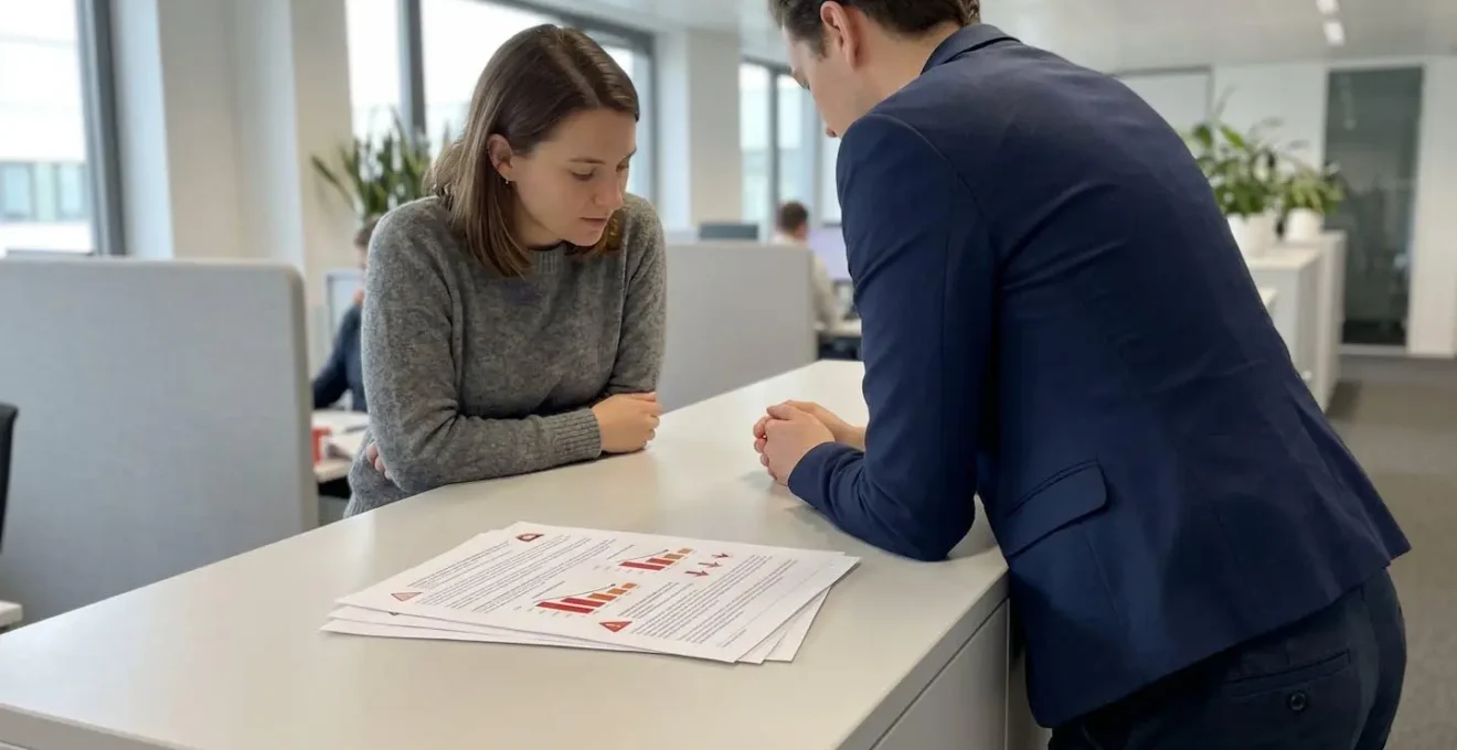 Deux personnes en discussion autour d'un document financier montrant indicateurs de risque, l'une vue de profil montrant le document, l'autre de dos, bureau contemporain lumière naturelle