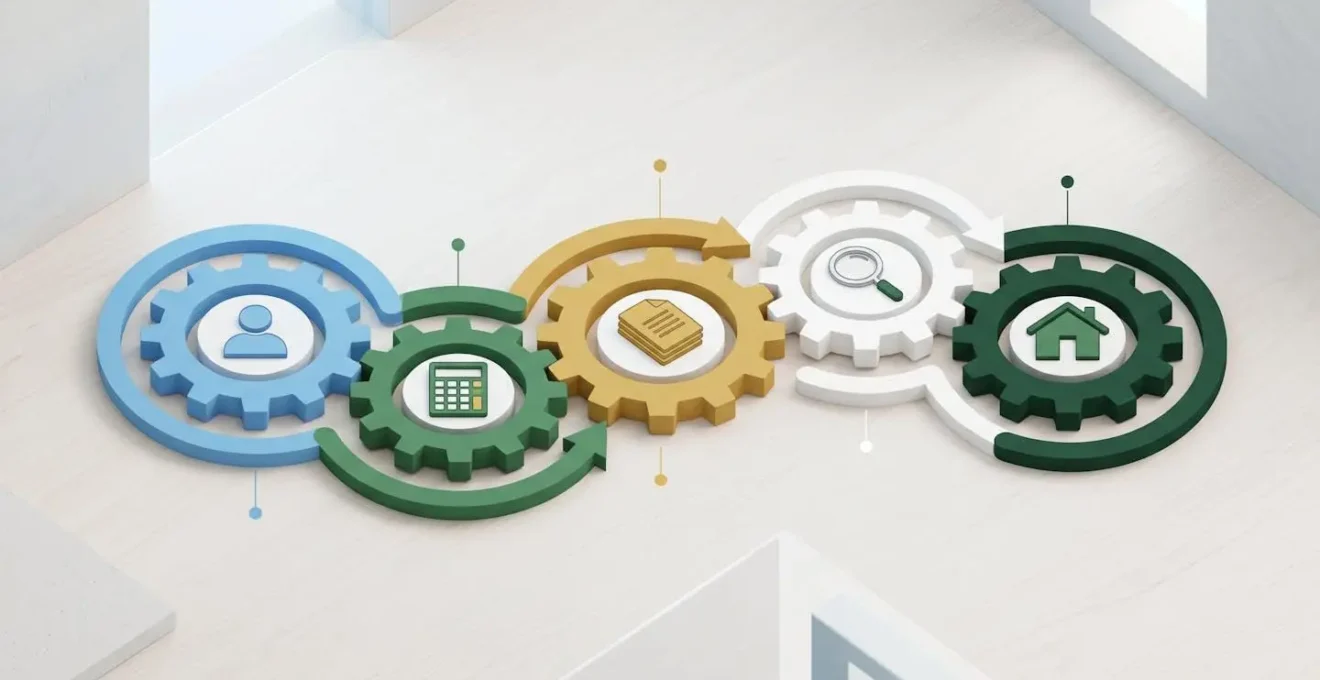Illustration isométrique d'une séquence d'engrenages représentant les étapes du financement : ouverture de compte, simulation, dépôt de dossier, instruction, déblocage