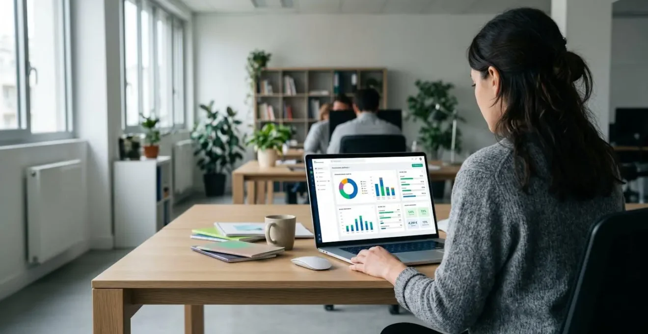 Personne de dos consultant sur ordinateur portable une plateforme d'investissement affichant graphiques allocation et métriques ESG, bureau contemporain lumière naturelle