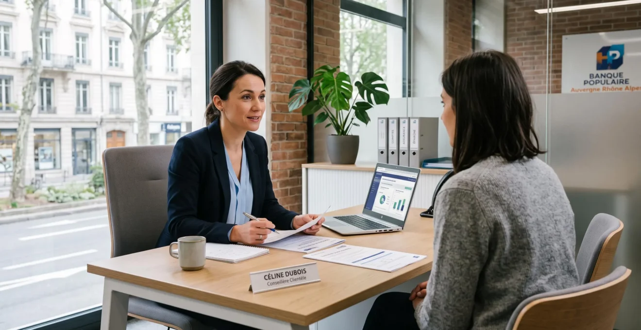 Conseiller bancaire en consultation avec un client dans un espace de conseil d'agence bancaire contemporaine, discutant devant un ordinateur et des documents bancaires, lumière naturelle, ambiance professionnelle et chaleureuse