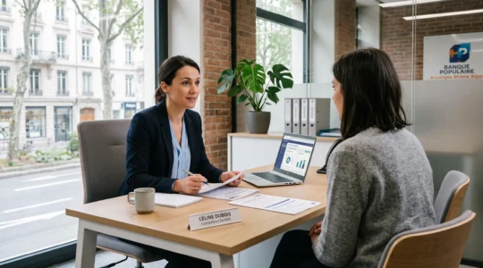 Conseiller bancaire en consultation avec un client dans un espace de conseil d'agence bancaire contemporaine, discutant devant un ordinateur et des documents bancaires, lumière naturelle, ambiance professionnelle et chaleureuse