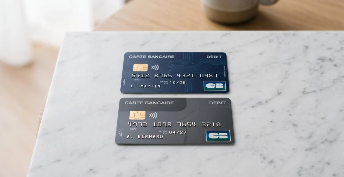 Deux cartes bancaires françaises contemporaines posées côte à côte sur une surface claire, chacune portant un nom de titulaire différent, illustrant la co-titularité d'un compte joint