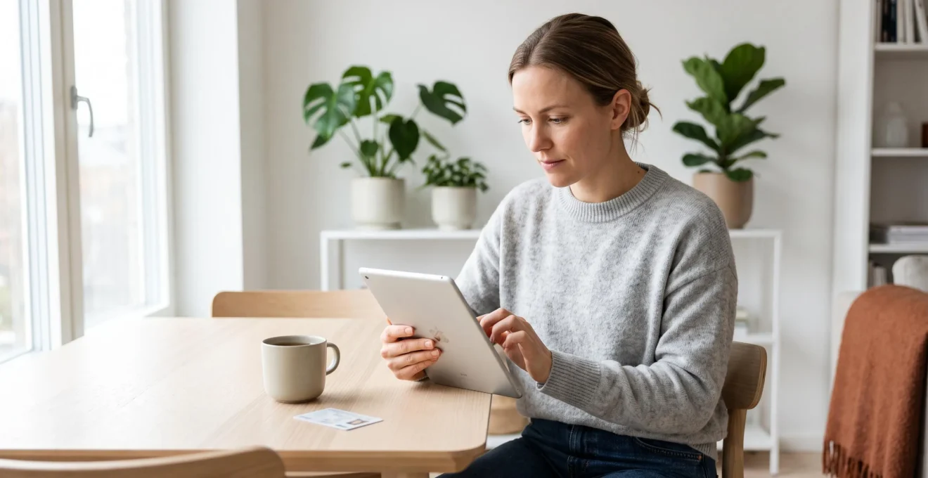Femme utilisant une tablette pour effectuer une démarche bancaire en ligne à domicile, assise à une table en bois clair dans un intérieur lumineux et contemporain, interface bancaire générique en français affichée à l'écran