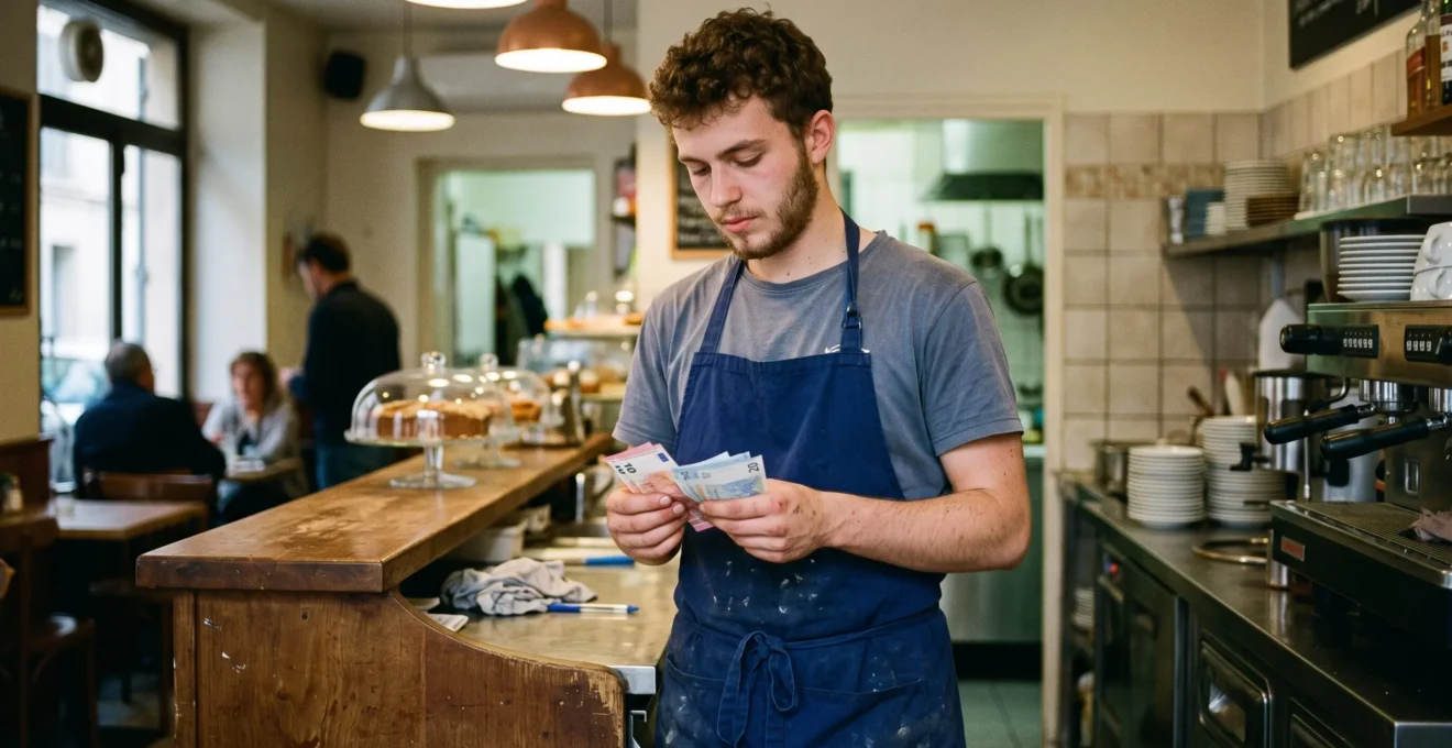Jeune employé de café comptant des billets de banque en euros après son service de travail, debout dans l'espace de travail