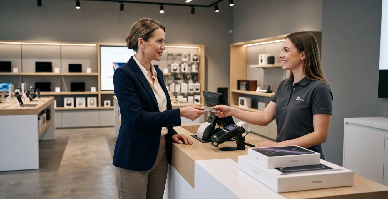 Une cliente effectue un paiement par carte dans un magasin moderne avec l'aide d'un vendeur au comptoir.