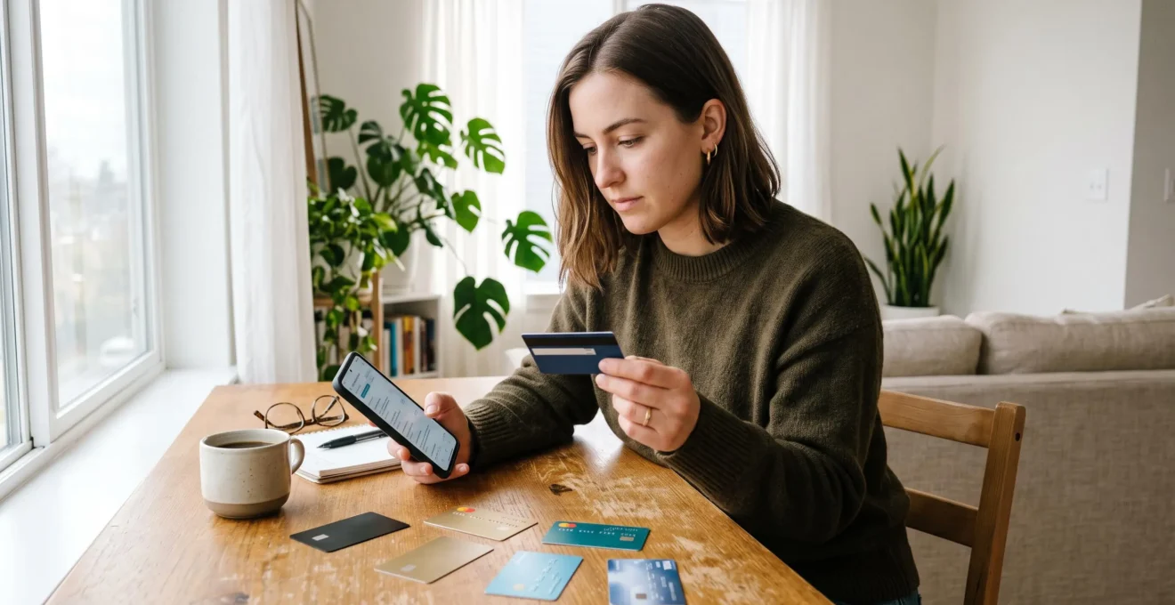 Une femme compare différentes cartes bancaires sur son bureau avec son smartphone, dans un environnement domestique moderne et lumineux.