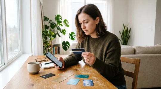 Une femme compare différentes cartes bancaires sur son bureau avec son smartphone, dans un environnement domestique moderne et lumineux.