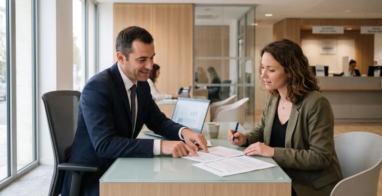 Un conseiller bancaire et un entrepreneur examinent ensemble des documents au comptoir d'une agence bancaire.