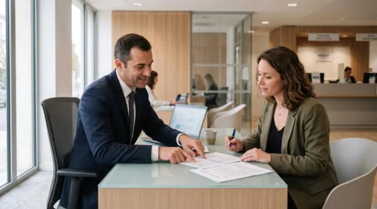 Un conseiller bancaire et un entrepreneur examinent ensemble des documents au comptoir d'une agence bancaire.
