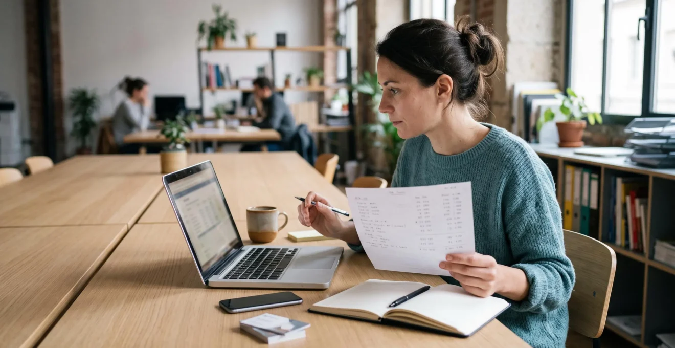 Une dirigeante de petite entreprise compare des offres sur son ordinateur portable et un document imprimé posés sur une table.