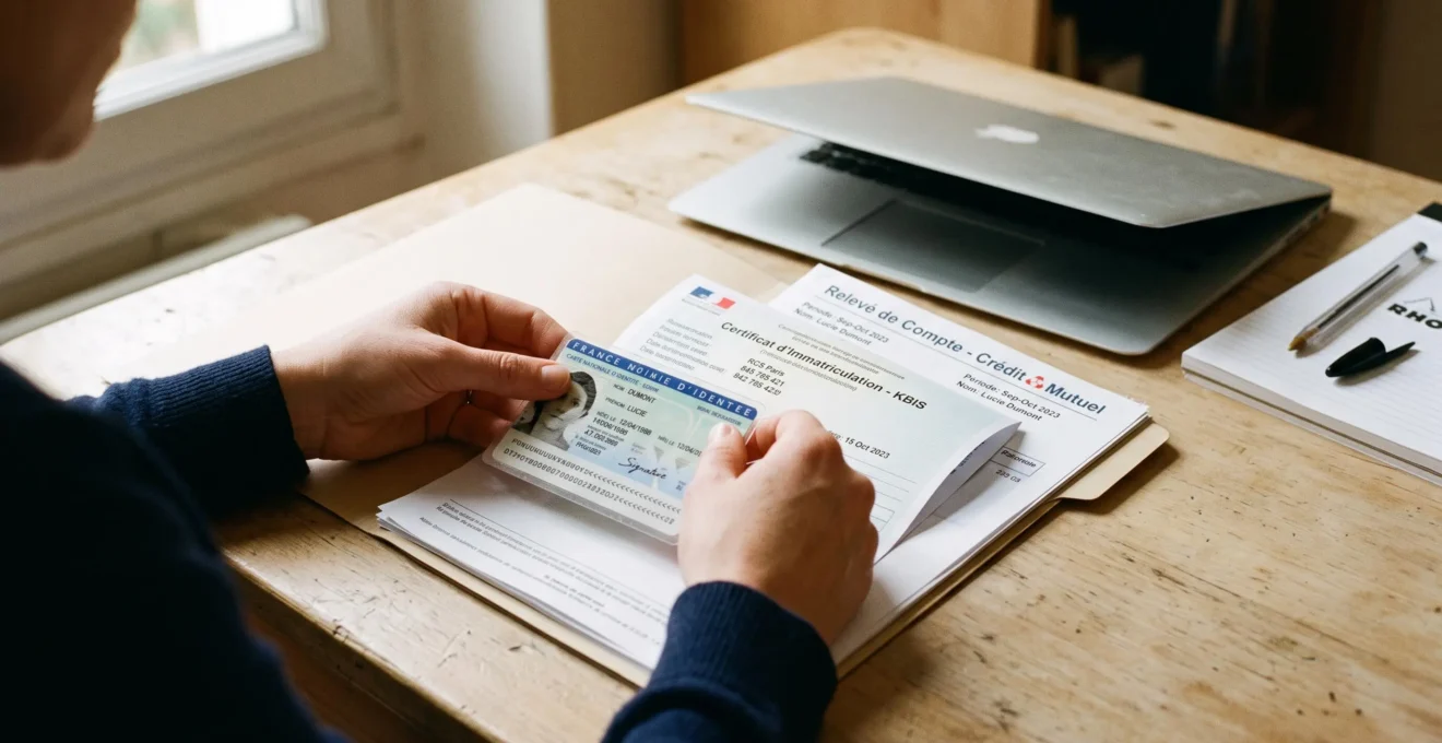 Des mains rangent une pièce d'identité et des justificatifs administratifs sur un bureau pour préparer l'ouverture d'un compte professionnel.