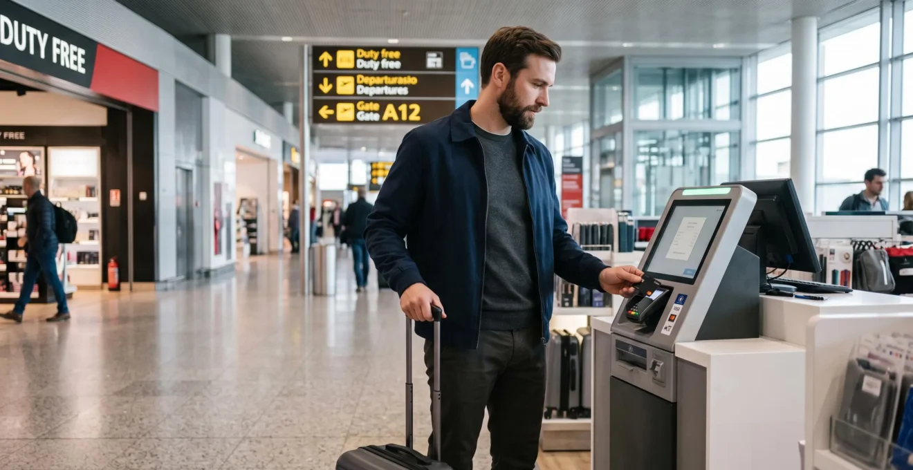 Un voyageur effectue un paiement par carte sans contact dans un commerce d'aéroport international.