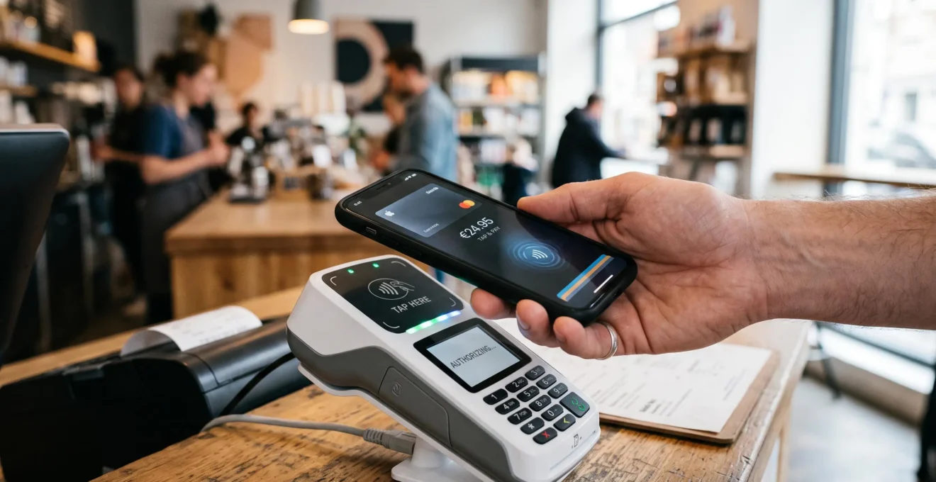 Gros plan sur un paiement sans contact effectué avec un smartphone au-dessus d'un terminal de paiement moderne.
