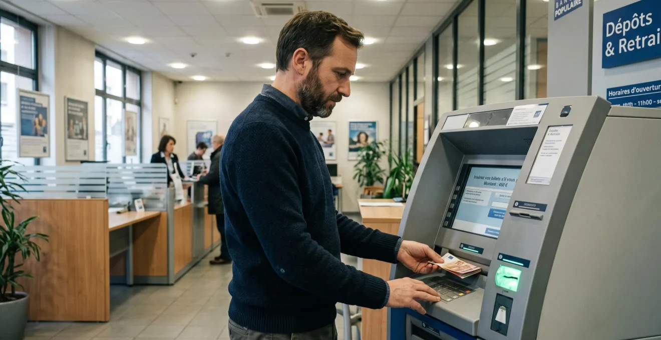 Personne effectuant un versement à un distributeur automatique dans une agence bancaire